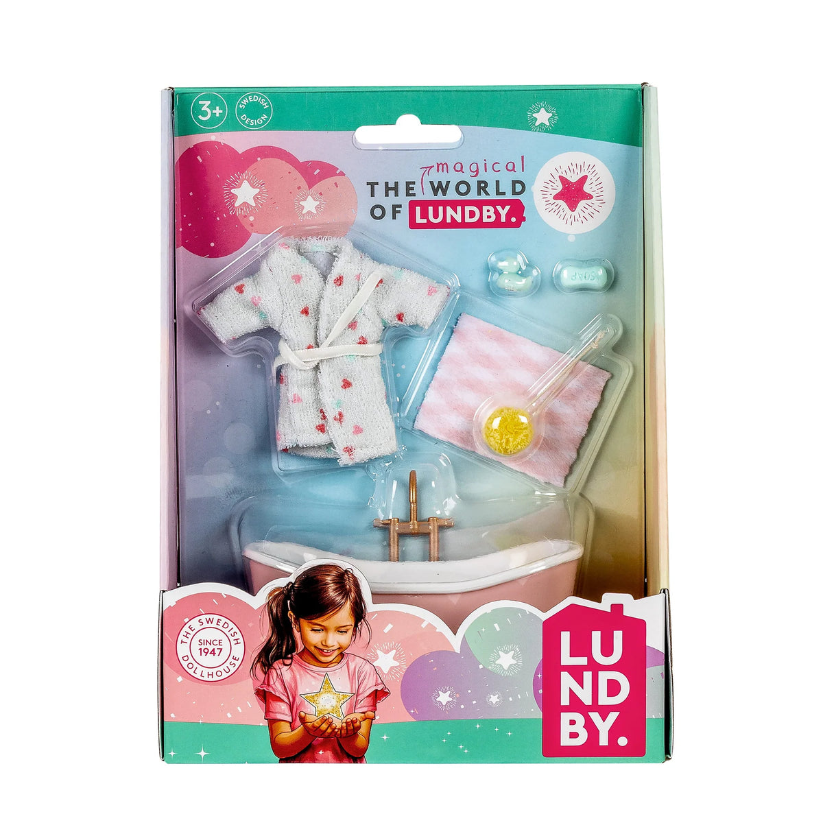 The Magical World of Lundby Nukkekodin Kalusteet Kylpyamme, Kylpytakki, Peili sekä Pesuvälineet