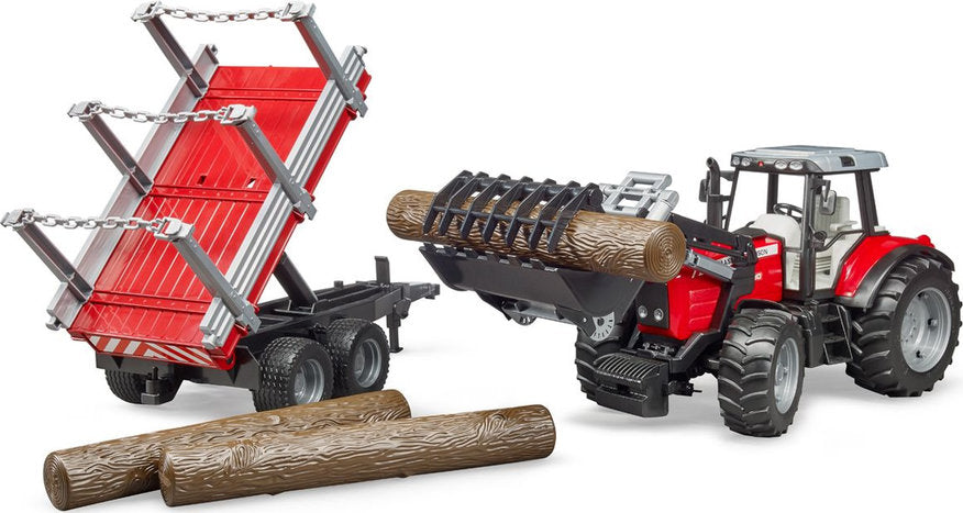 Bruder Massey Ferguson Traktori Etukuormaajalla sekä Tukkikärry
